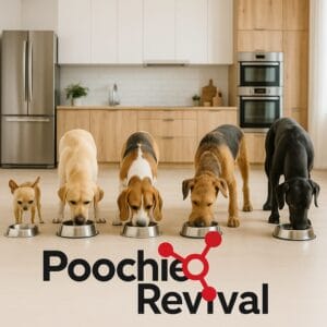 Different type of dogs are eating. There is name of the site too.
