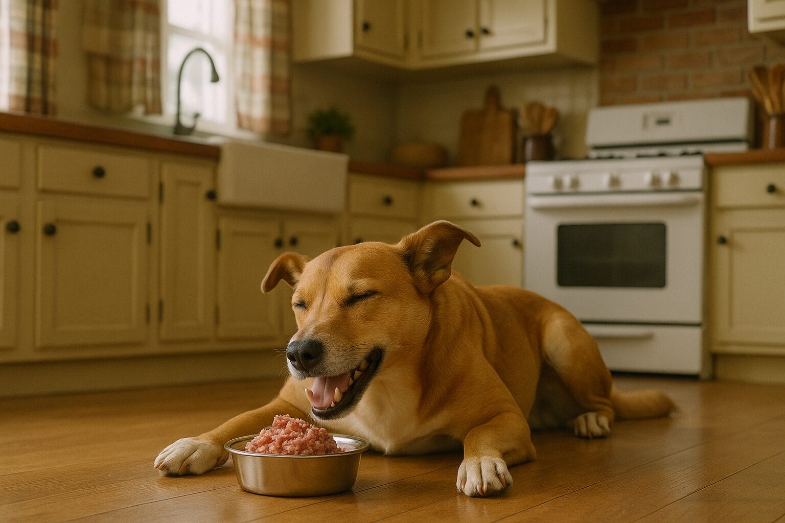 Dog is lying on the kitchen floor and eating meat.
